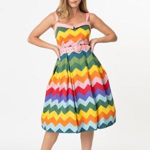 NWT Collectif Retro Rainbow Chevron Dorothy Swing Dress Sz 8
